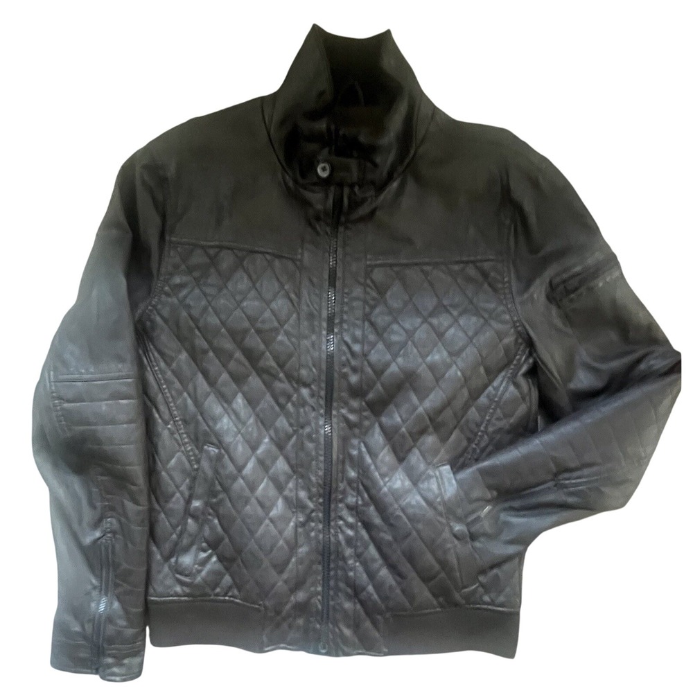 Dark Brown Quilted Vegan Leather Mens Jacket Moto Biker Bomber Full Zip Size Lg